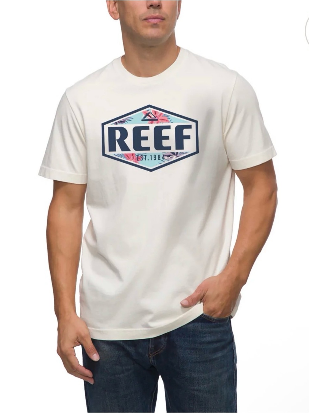 Reef Cream Short-Sleeve Logo Tee with Navy & Teal Accents